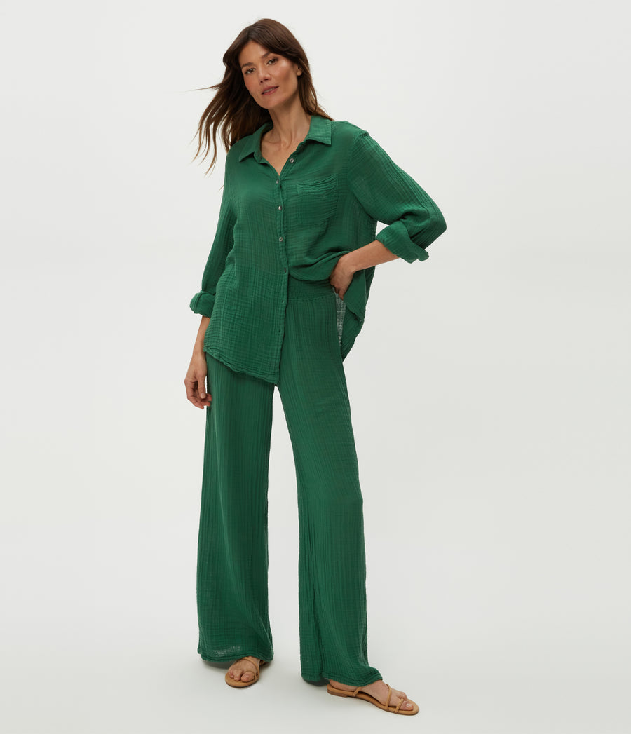 Susie Gauze Pant in Palm Green Full Body View #PALM