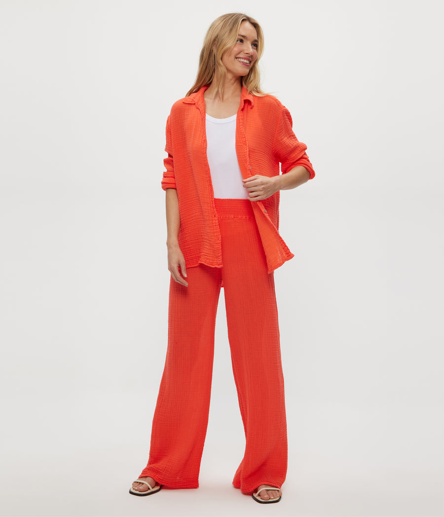 Susie Gauze Pant in PERSIMMON ORANGE Close Up View #PERSIMMON