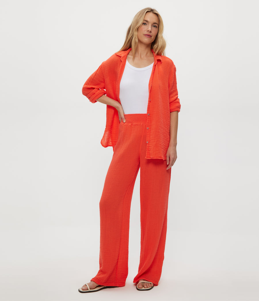 Susie Gauze Pant in PERSIMMON ORANGE Full Body View #PERSIMMON