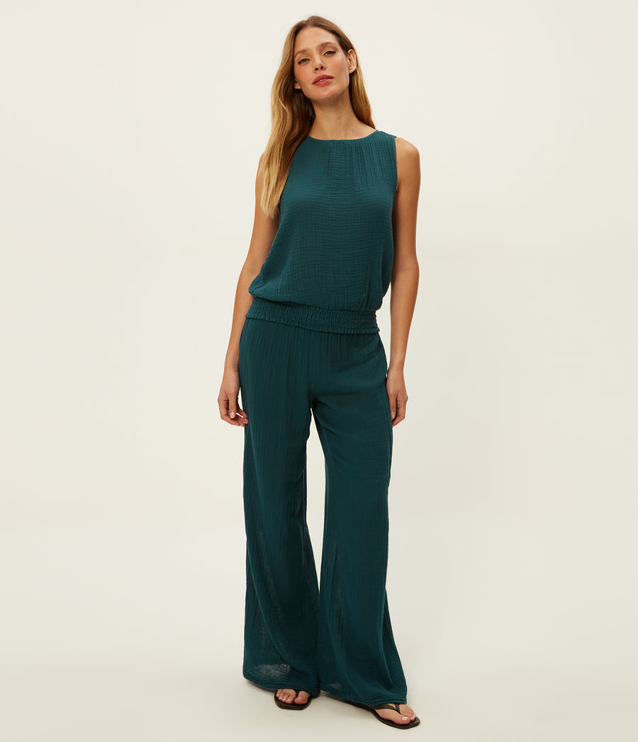 Susie Gauze Pant in RAINFOREST BLUE Combo Close up View #RAINFOREST
