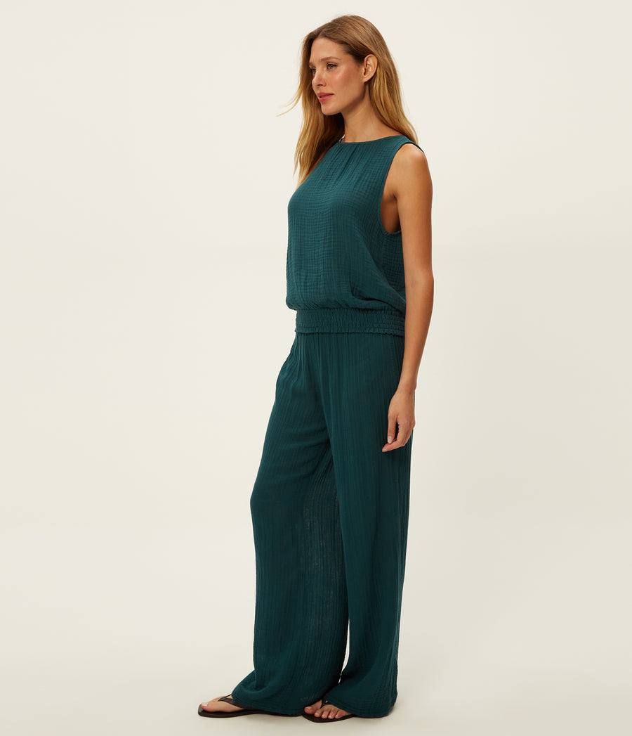 Susie Gauze Pant in RAINFOREST BLUE  Combo Side View #RAINFOREST