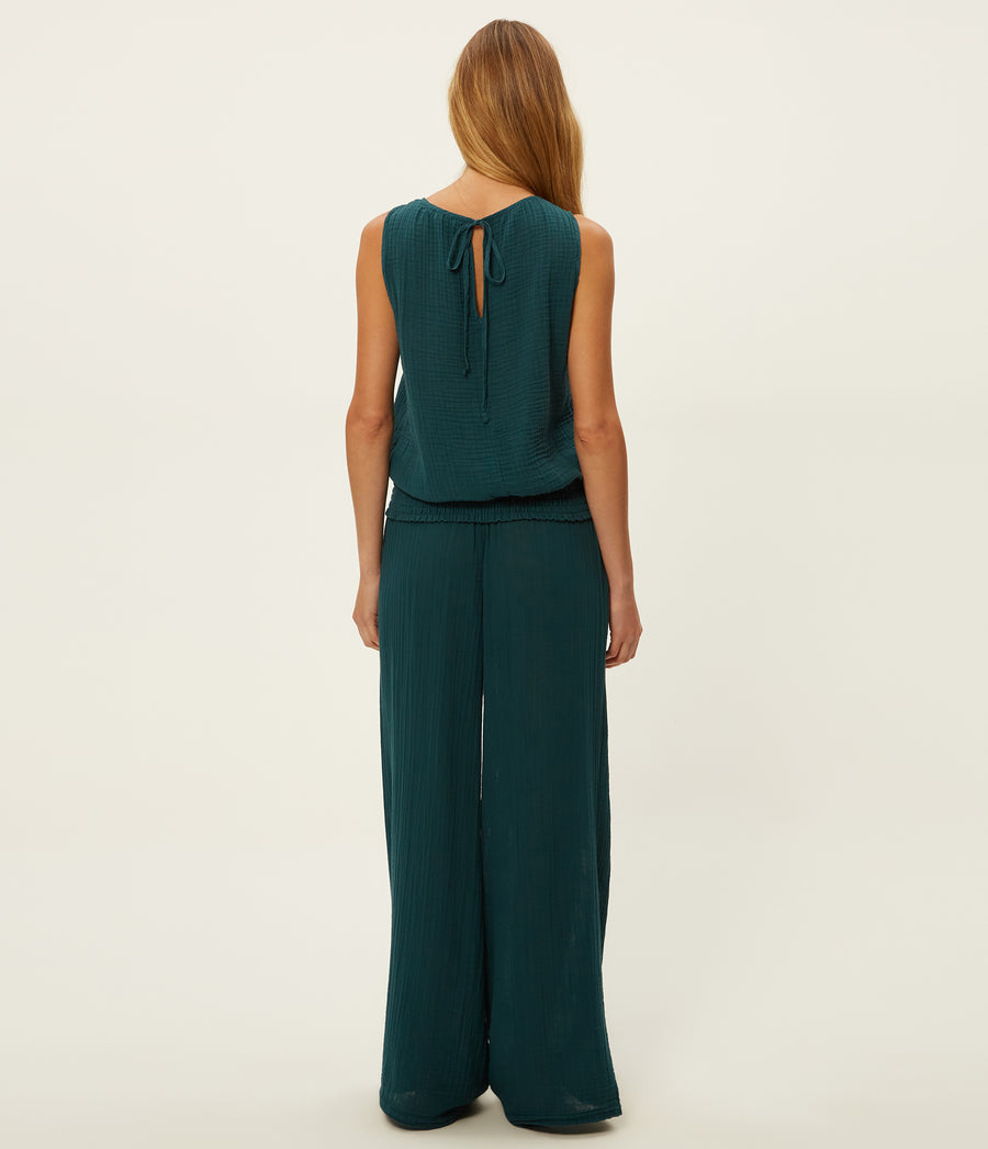 Susie Gauze Pant in RAINFOREST BLUE Combo Back View #RAINFOREST