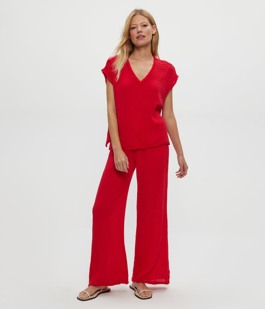 Susie Gauze Pant in Rumba Red Close Up View #RUMBA