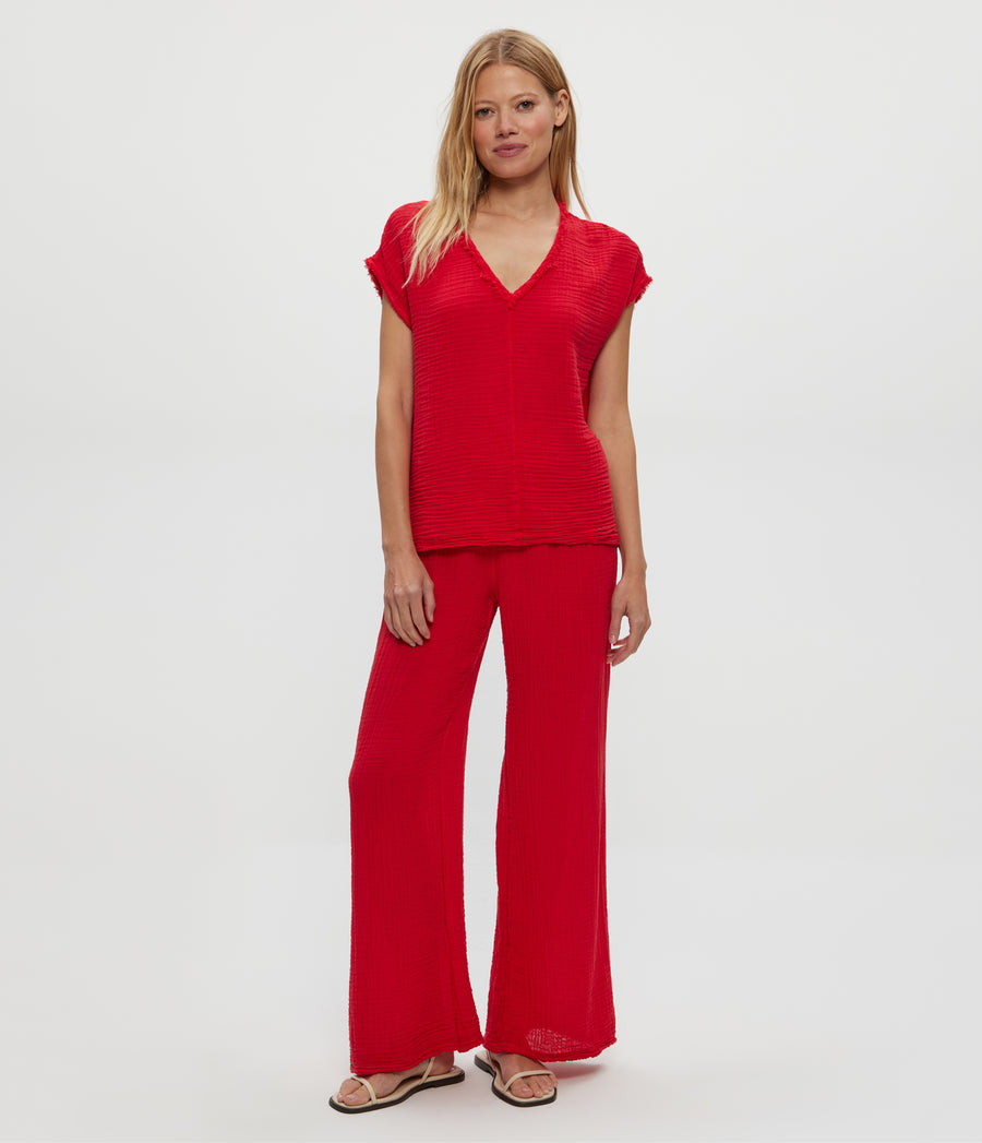 Susie Gauze Pant in Rumba Red Full Body View #RUMBA