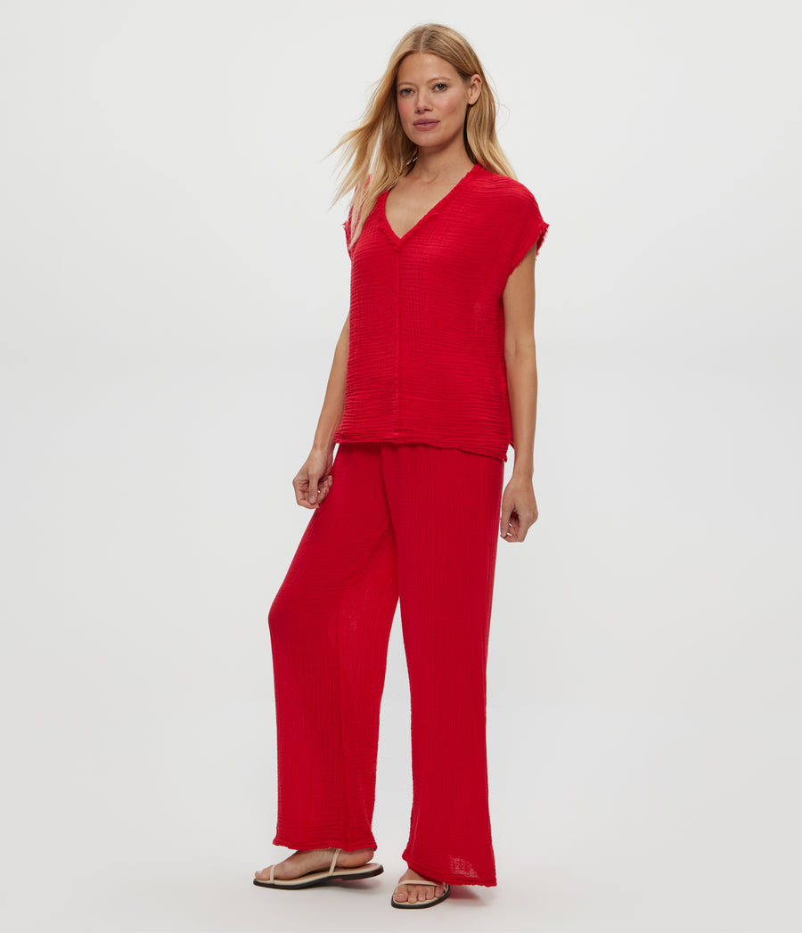 Susie Gauze Pant in Rumba Red Side View #RUMBA