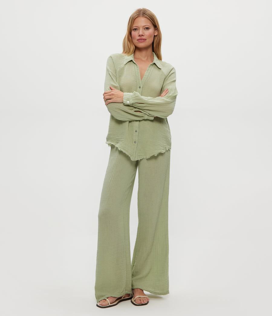 Susie Gauze Pant in Seacrest Green Close Up View #SEACREST