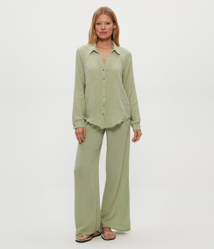 Susie Gauze Pant in Seacrest Green Full Body View #SEACREST