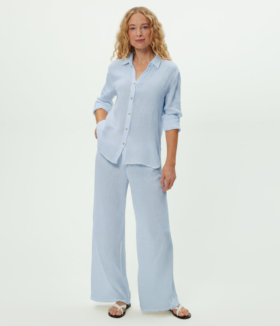 Susie Gauze Pant in SPLASH Blue Close up View #SPLASH