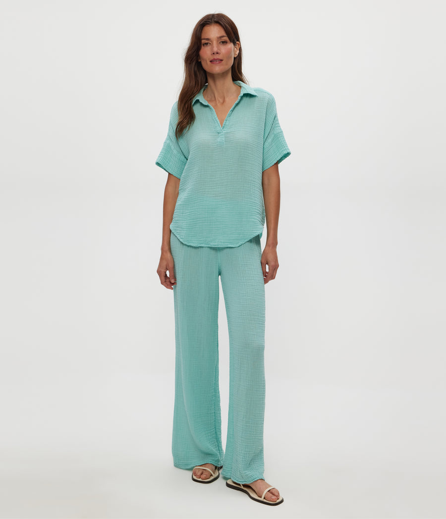 Susie Gauze Pant in SERENE BLUE Close Up View #SERENE