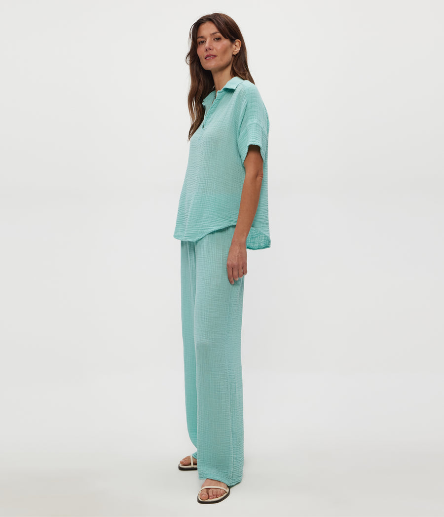 Susie Gauze Pant in SERENE BLUE Side View #SERENE