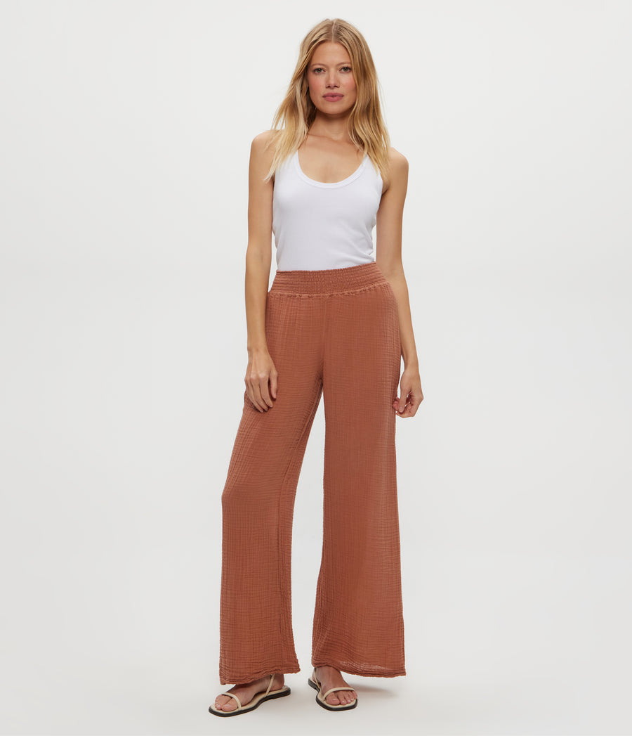 Susie Gauze Pant in TERRA Orange Close Up View #TERRA