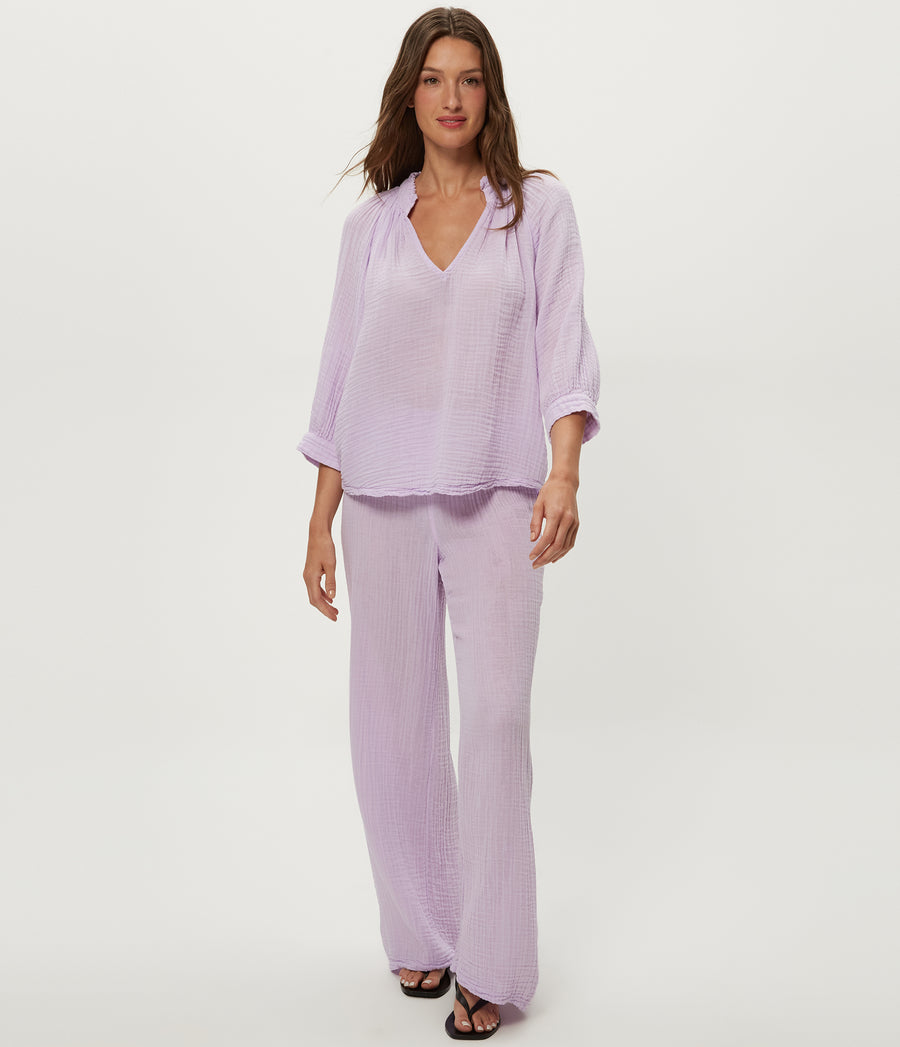 Susie Gauze Pant in WHIMSY PURPLE Close up View #WHIMSY