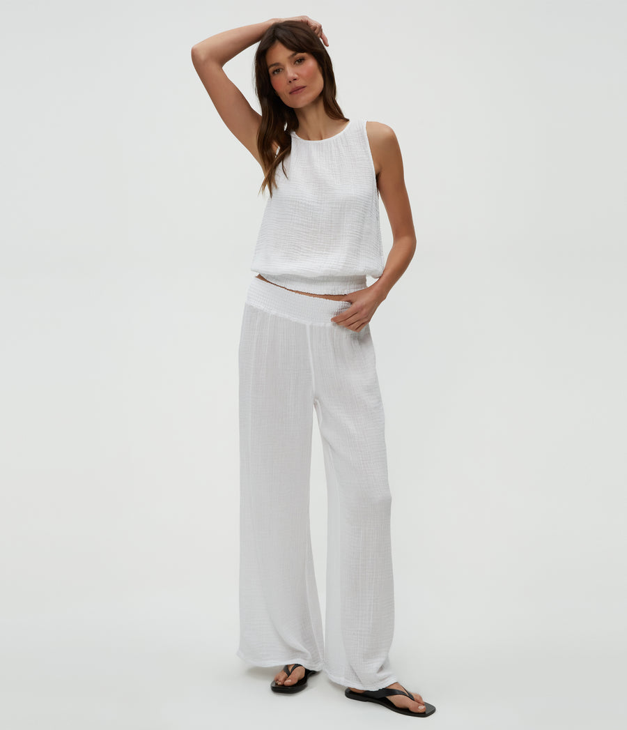 Susie Gauze Pant in White  Close Up View #WHITE
