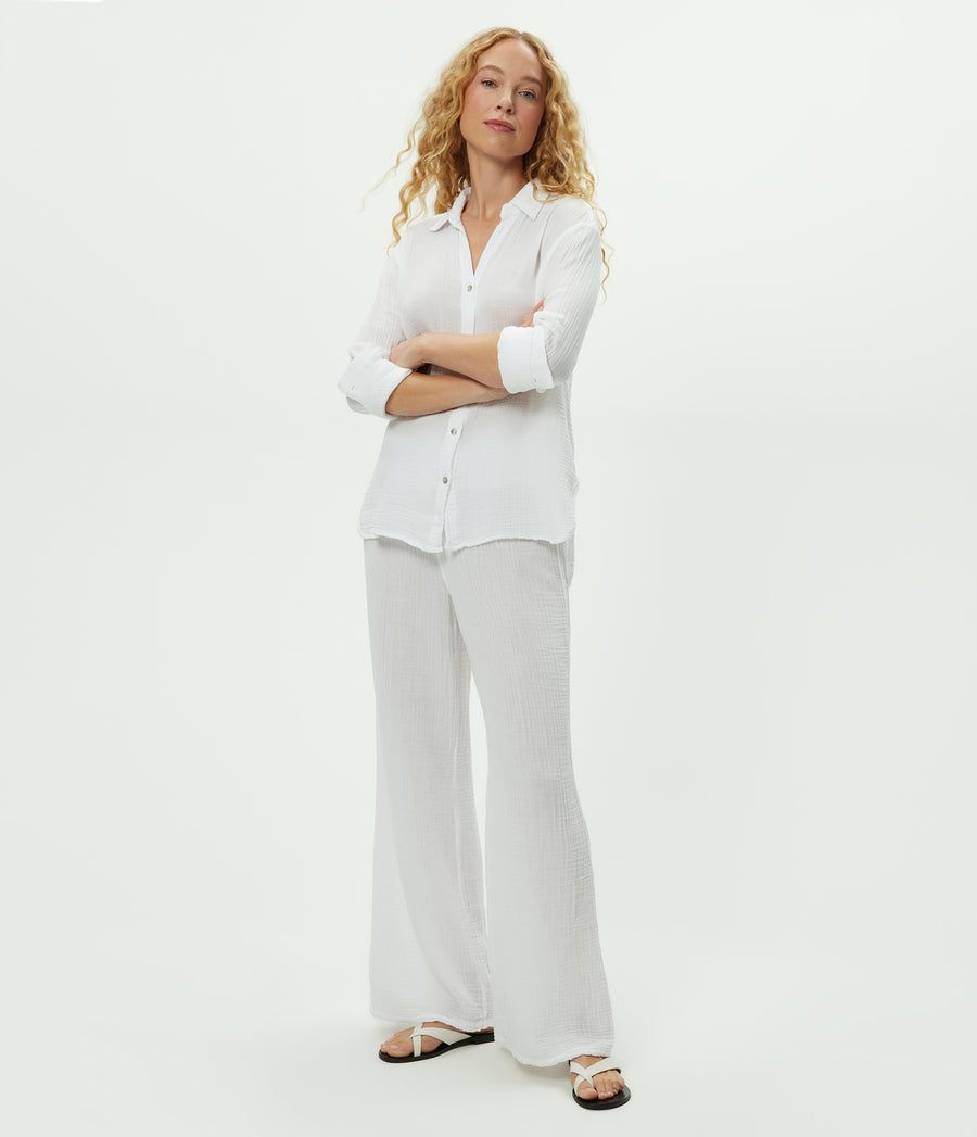 Susie Gauze Pant in White Close up View #WHITE