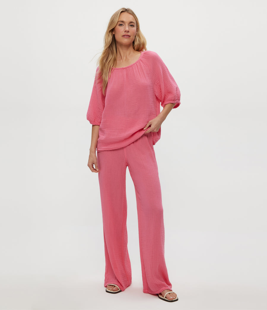 Susie Gauze Pant in ZINNIA PINK Close Up View #ZINNIA