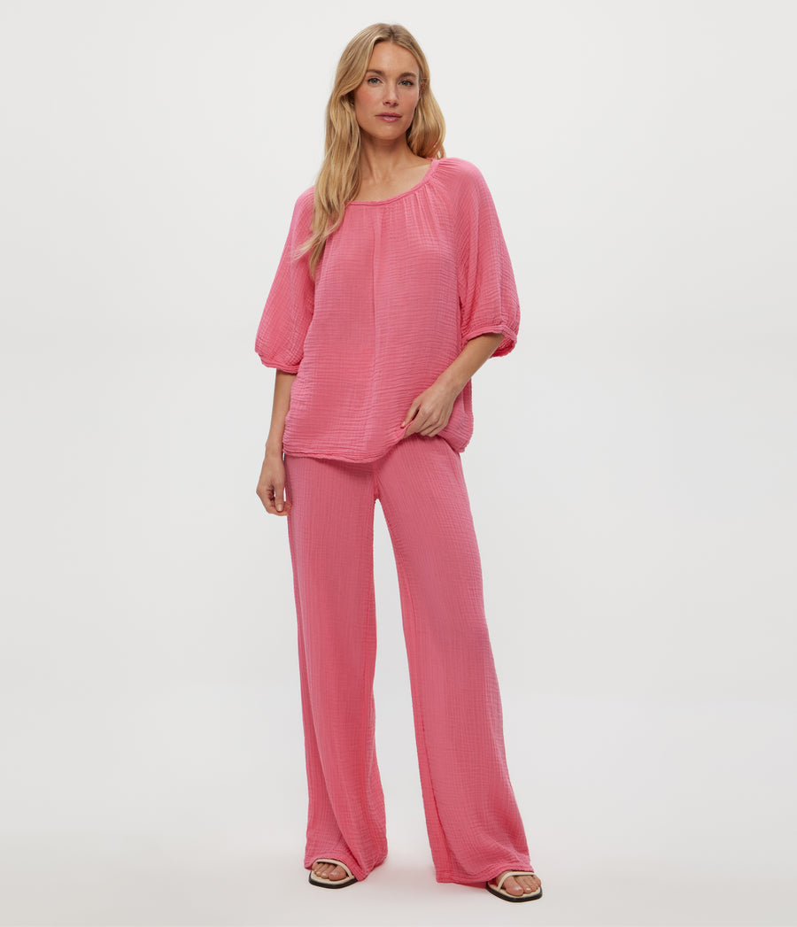 Susie Gauze Pant in ZINNIA PINK Full Body View #ZINNIA