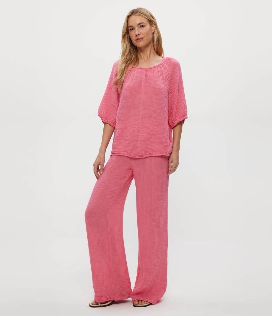 Susie Gauze Pant in ZINNIA PINK Side View #ZINNIA