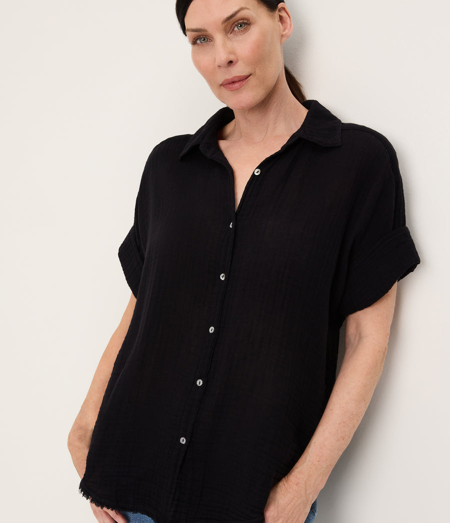 Bailey Gauze Button Down Shirt BLACK / XL #BLACK
