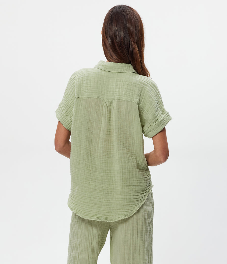 Bailey Gauze Button Down Shirt in Seacrest Green Back View #SEACREST