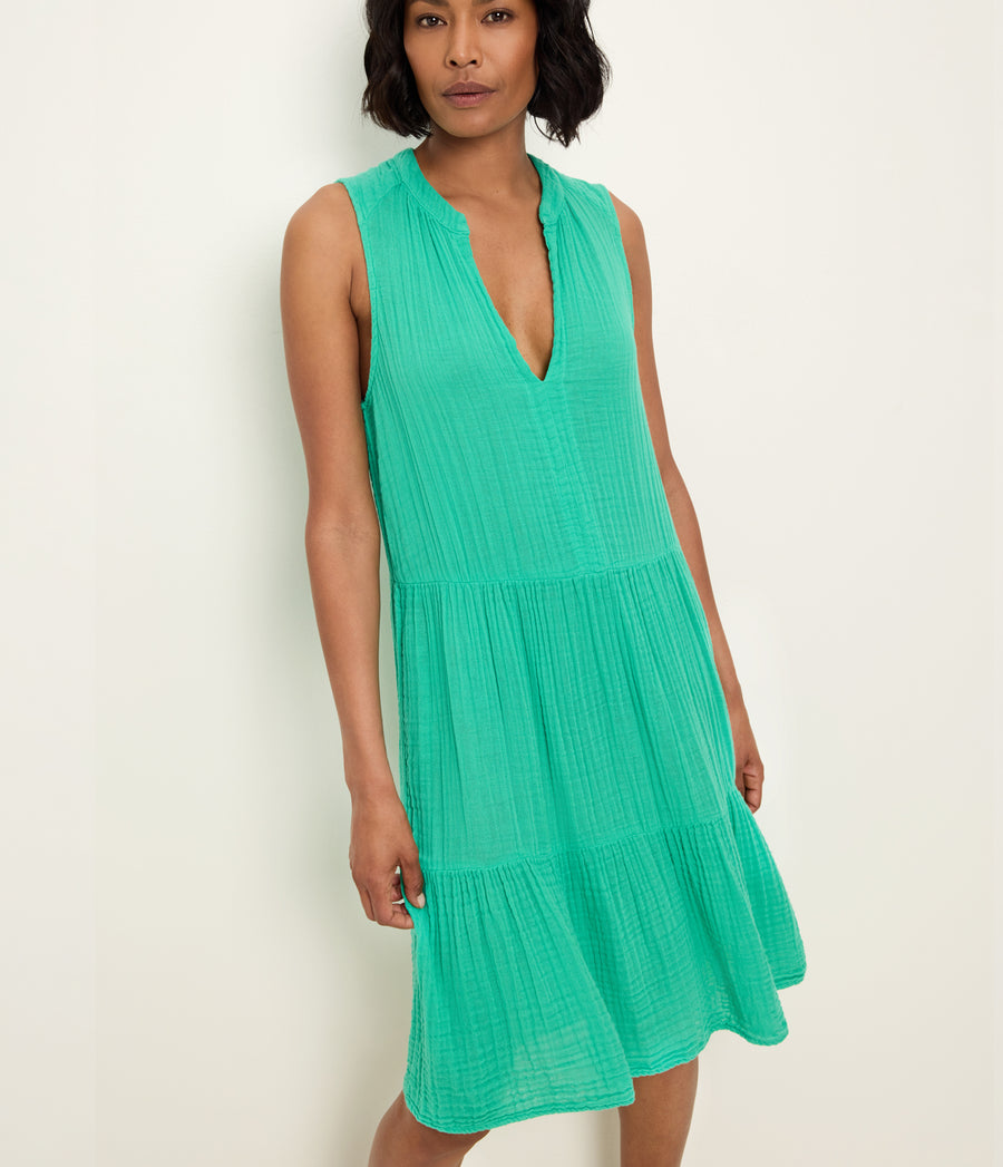 Daisy Gauze Dress in MALDIVES Green Close up View #MALDIVES