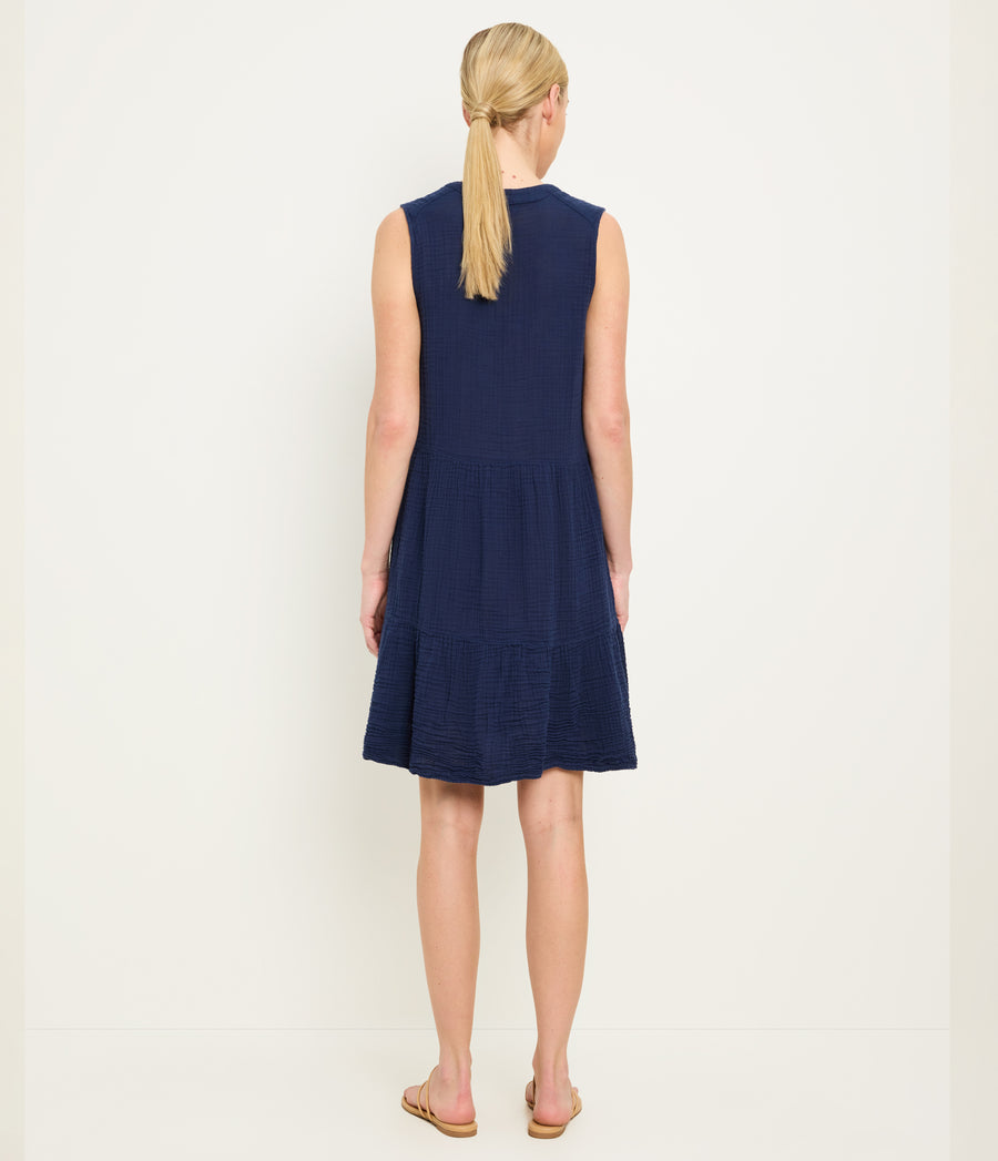 Daisy Gauze Dress in Nocturnal Blue Back View  #NOCTURNAL