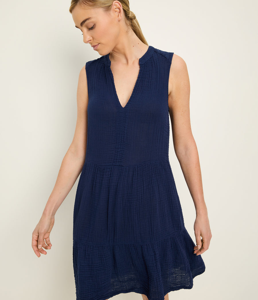 Daisy Gauze Dress in Nocturnal Blue Close up View  #NOCTURNAL