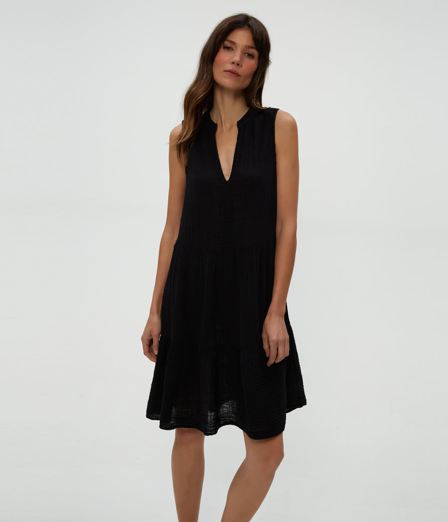 Daisy Gauze Dress in Black  Close Up View #BLACK