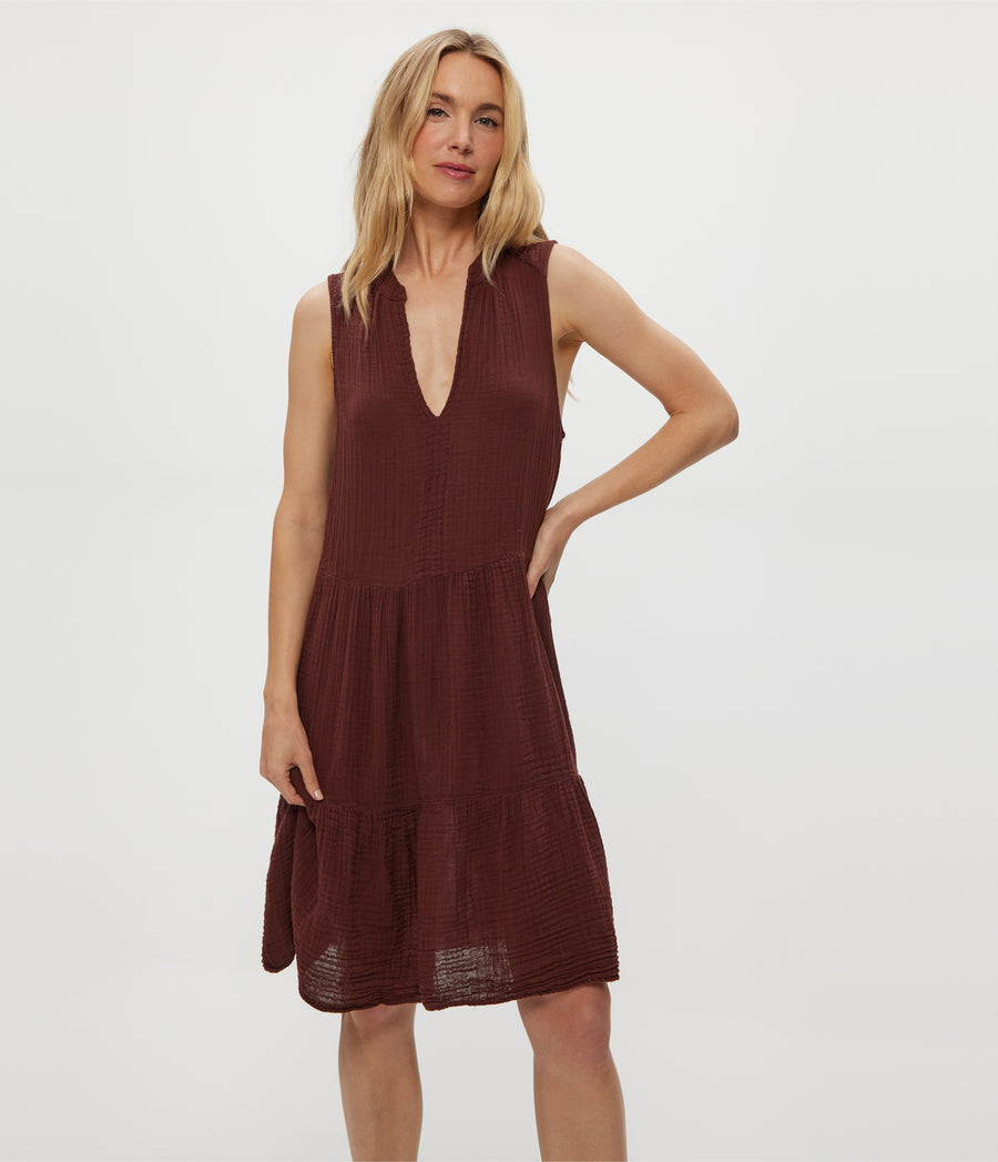 Daisy Gauze Dress in ESPRESSO Brown Close Up View #ESPRESSO
