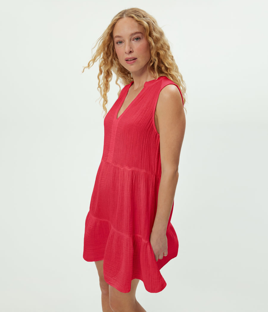 Daisy Gauze Dress in Lacquer Red Close Up View #LACQUER