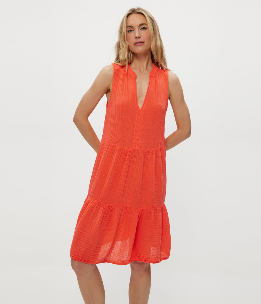 Daisy Gauze Dress in PERSIMMON ORANGE Close Up View #PERSIMMON
