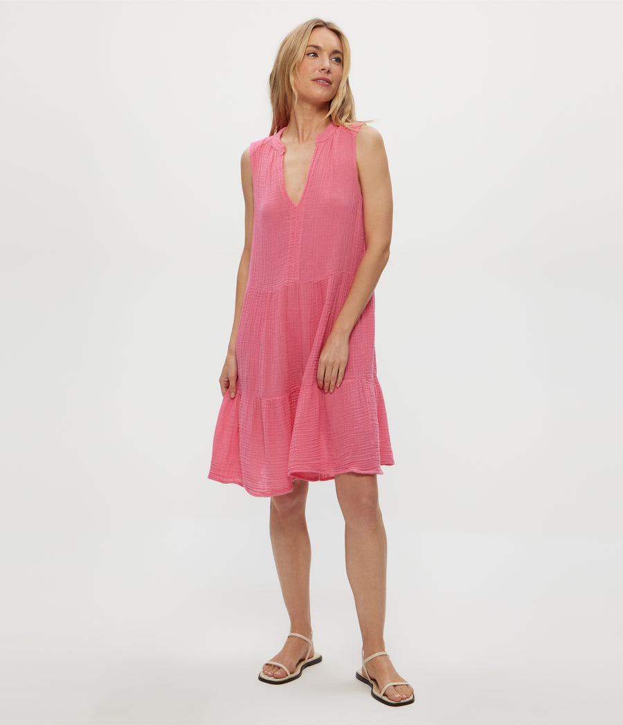 Daisy Gauze Dress in ZINNIA PINK Full Body View #ZINNIA