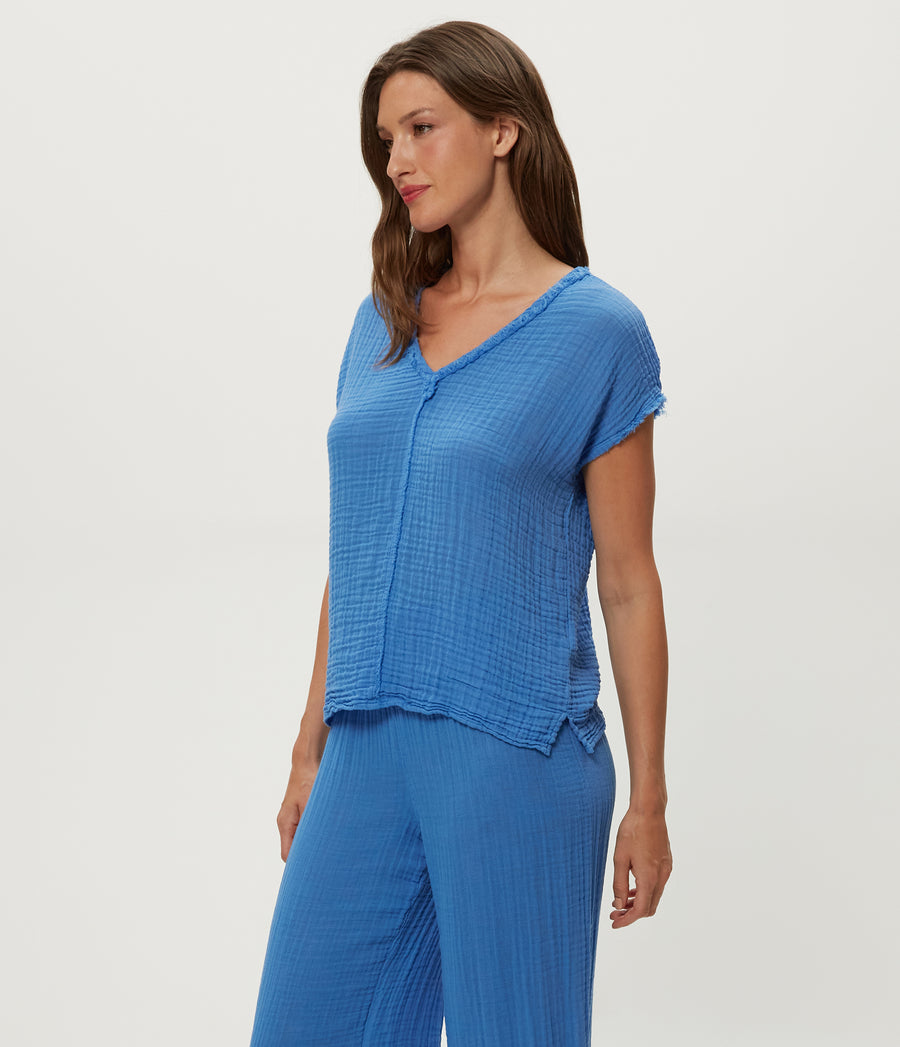 Draya Gauze V-Neck Top in BABY BLUE Blue Side View #BLUE RIBBON