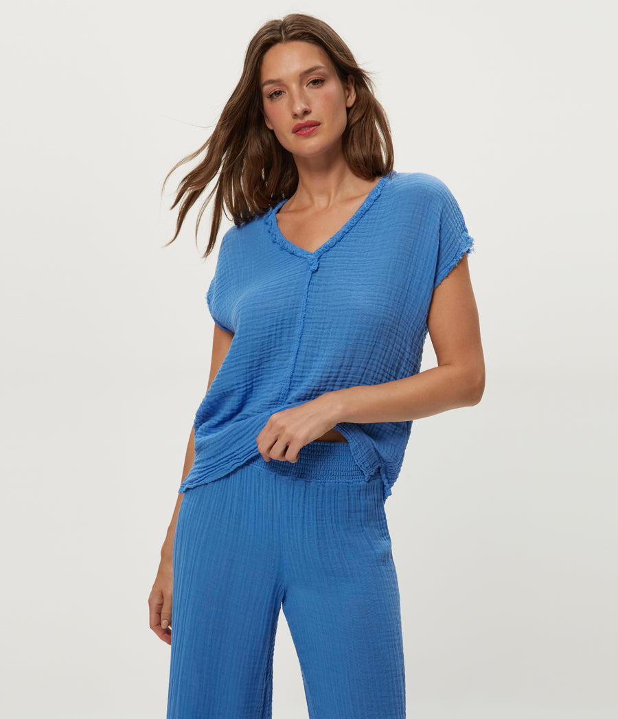Draya Gauze V-Neck Top in BABY BLUE Blue Close up View #BLUE RIBBON