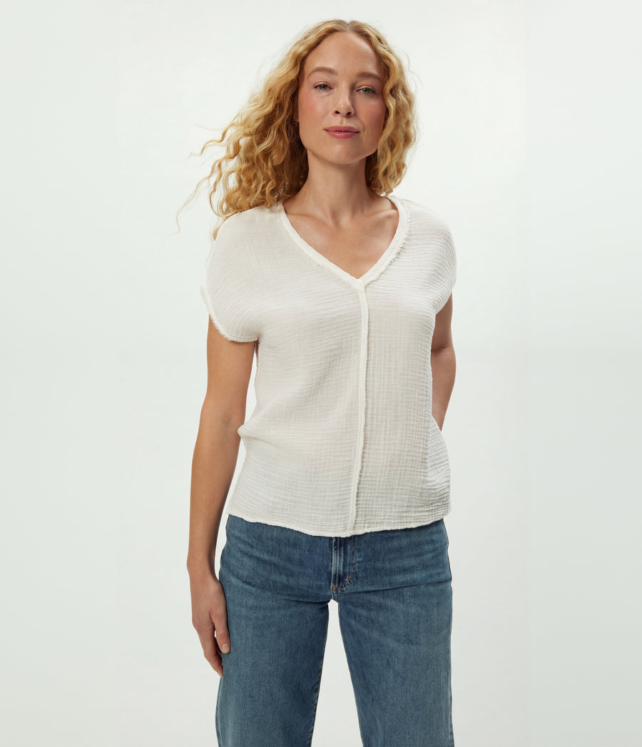 Draya Gauze V-Neck Top in Chalk White Close Up View #CHALK