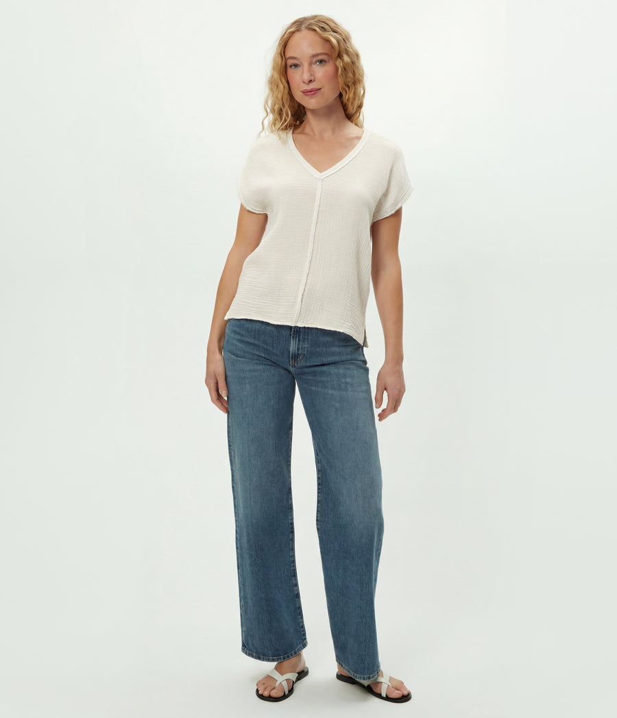 Draya Gauze V-Neck Top in Chalk White Full Body View #CHALK