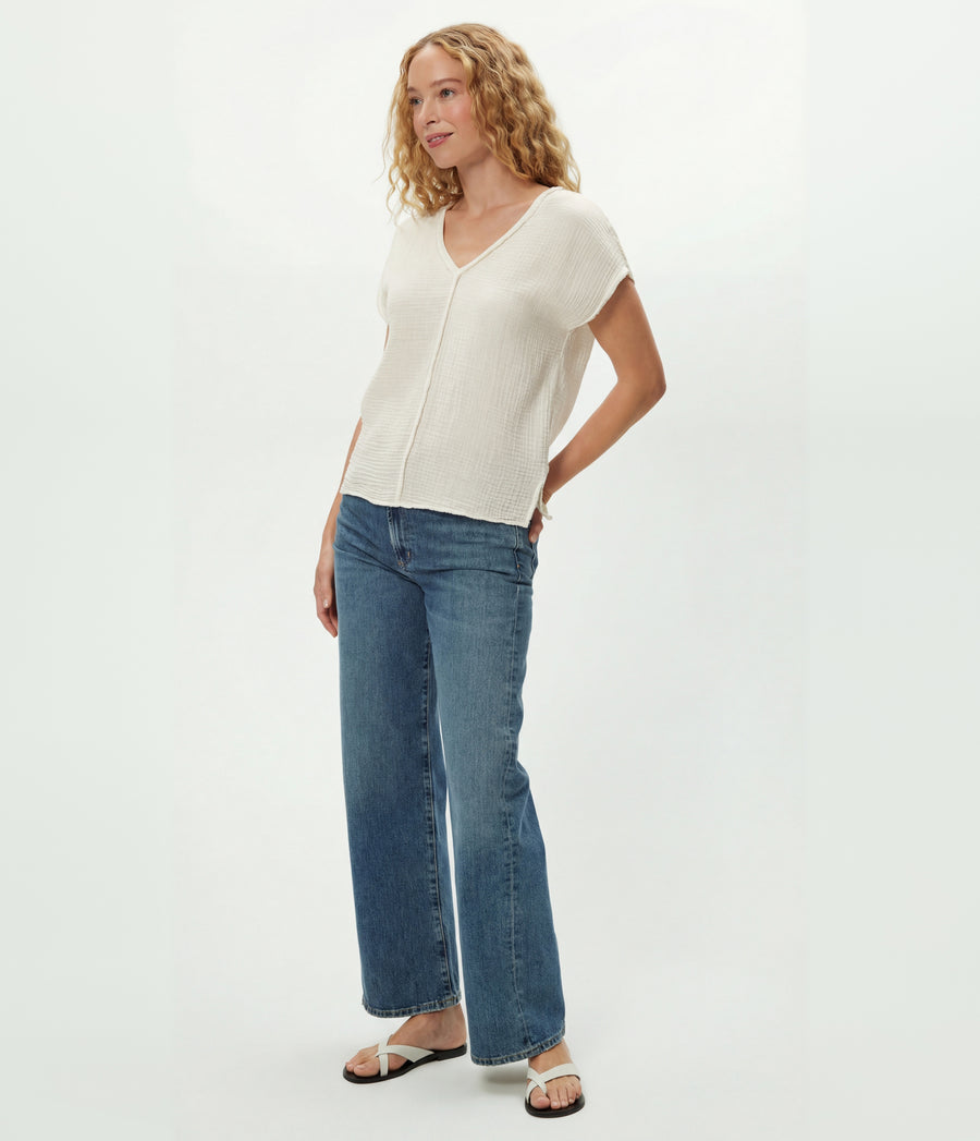Draya Gauze V-Neck Top in Chalk White Side View #CHALK