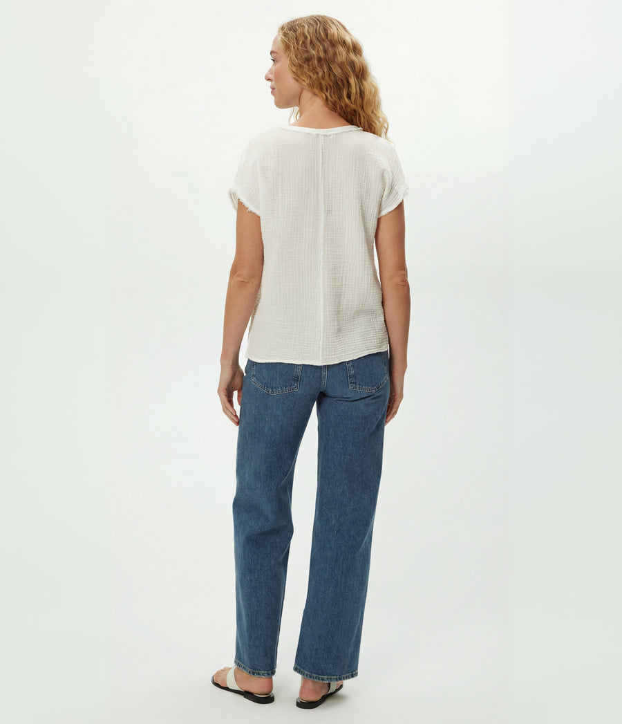 Draya Gauze V-Neck Top in Chalk White Back View #CHALK