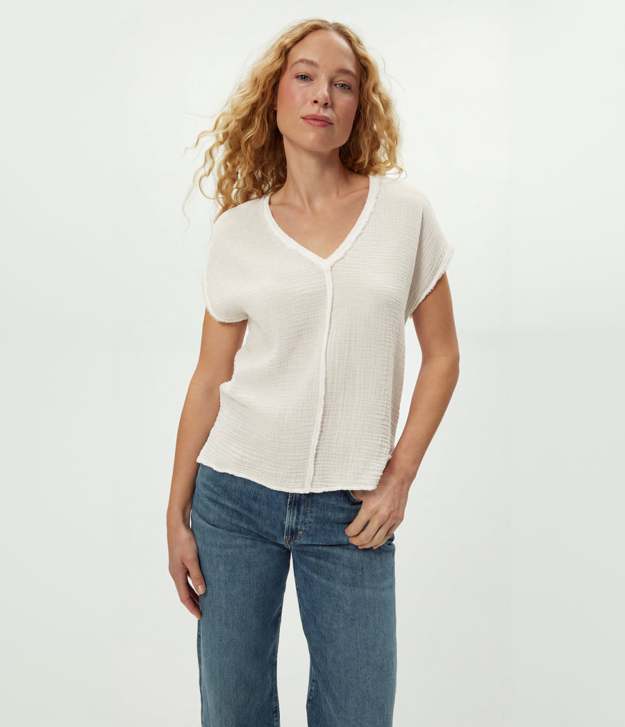 Draya Gauze V-Neck Top in Chalk White Close Up View #CHALK
