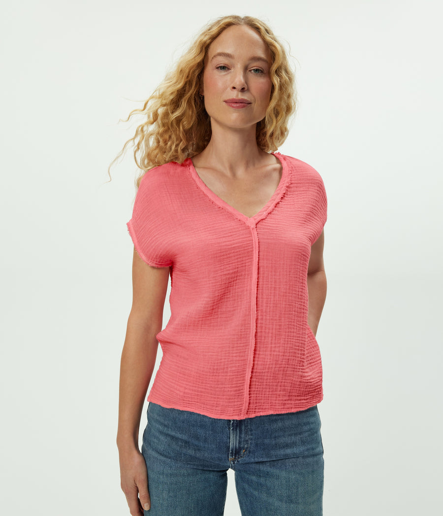 Draya Gauze V-Neck Top in DRAGONFRUIT Pink Full Body View #DRAGONFRUIT
