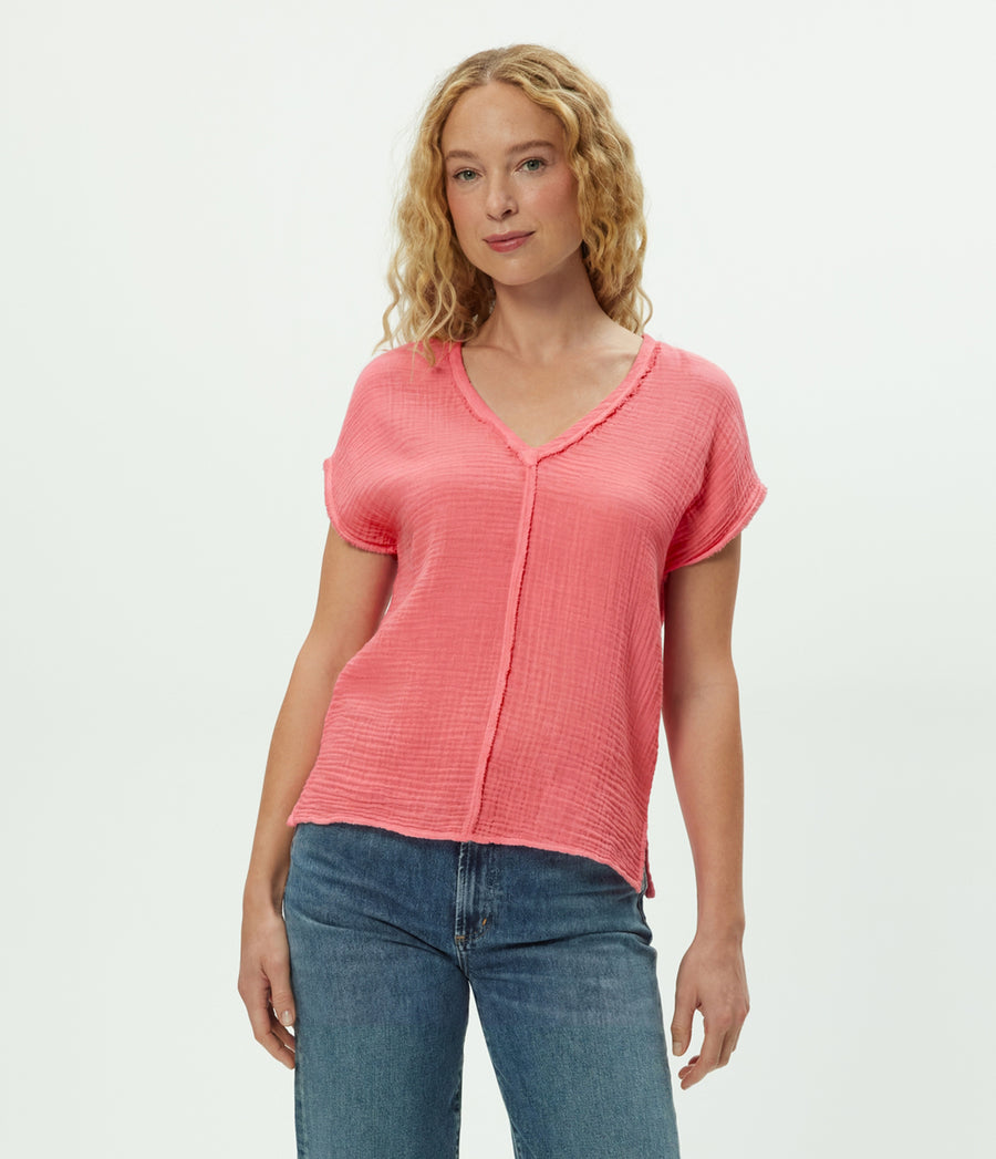 Draya Gauze V-Neck Top in DRAGONFRUIT Pink Full Body View #DRAGONFRUIT