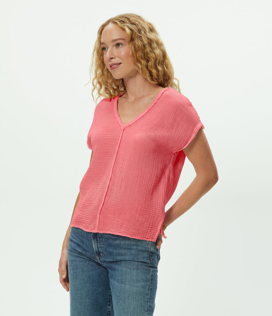 Draya Gauze V-Neck Top in DRAGONFRUIT Pink Side View #DRAGONFRUIT