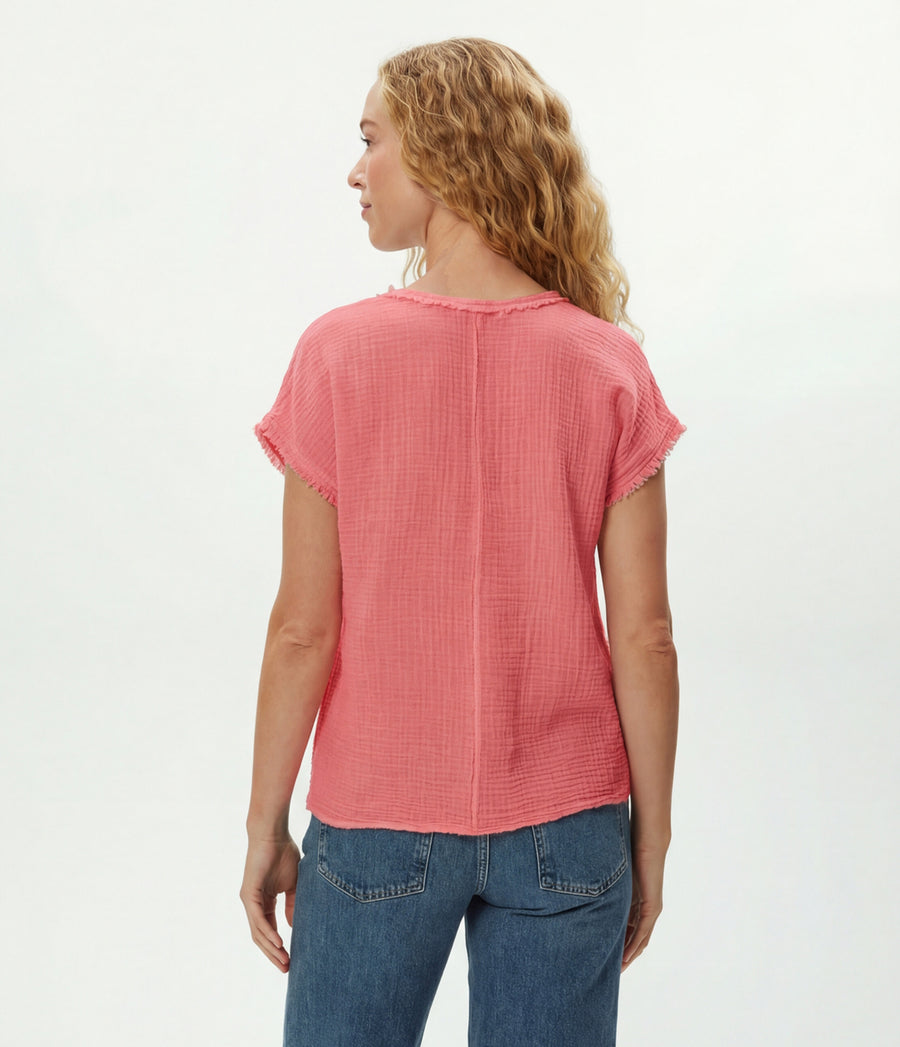 Draya Gauze V-Neck Top in DRAGONFRUIT Pink Back View #DRAGONFRUIT