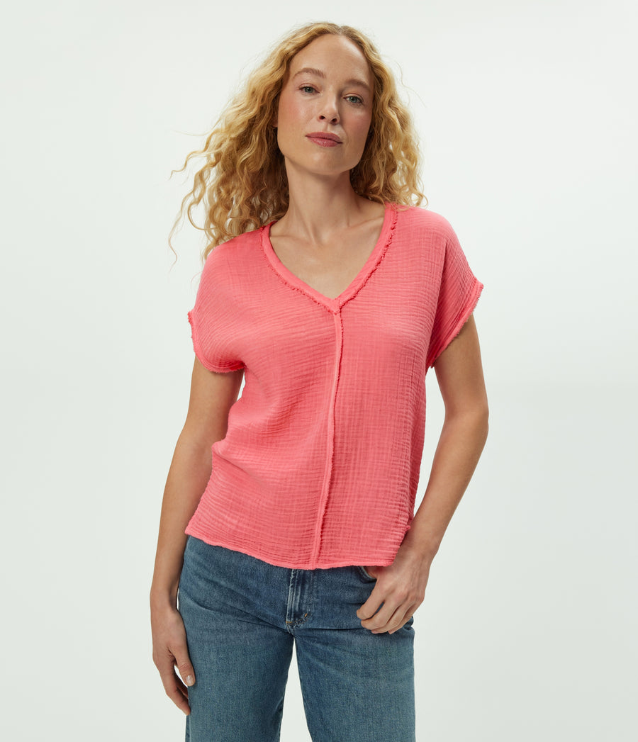 Draya Gauze V-Neck Top in DRAGONFRUIT Pink Close Up View #DRAGONFRUIT