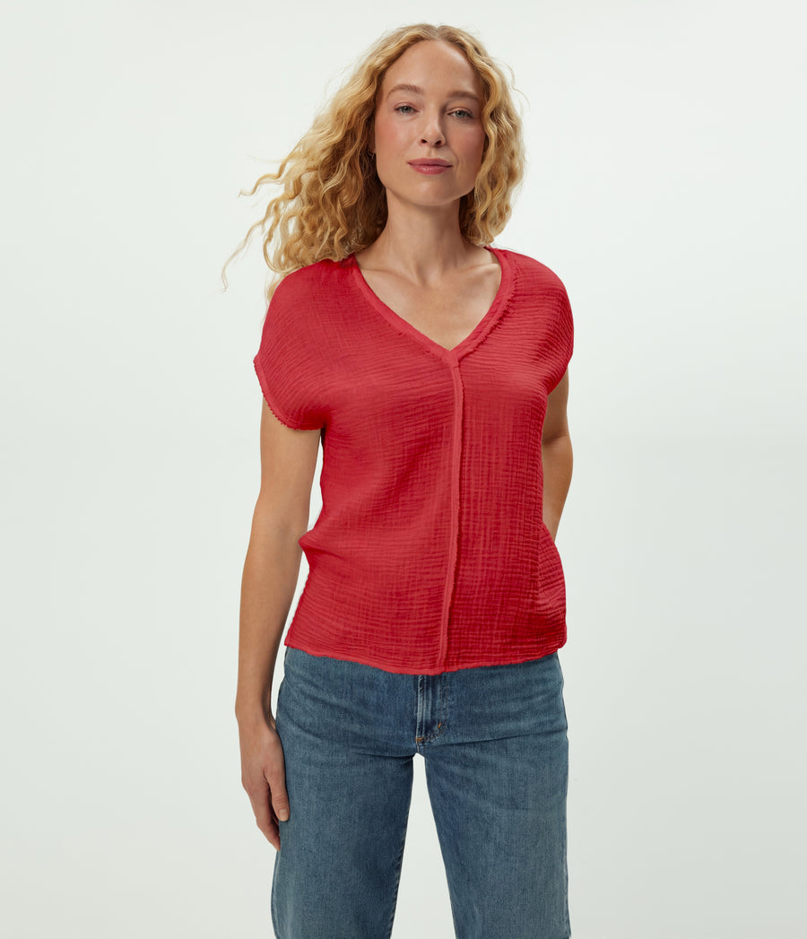 Draya Gauze V-Neck Top in LACQUER RED Close up View #LACQUER