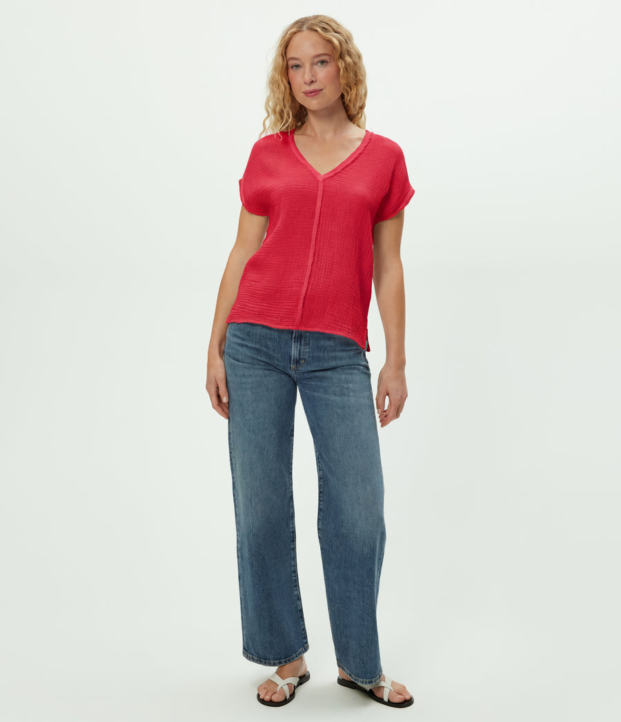 Draya Gauze V-Neck Top in LACQUER RED Full Body View #LACQUER