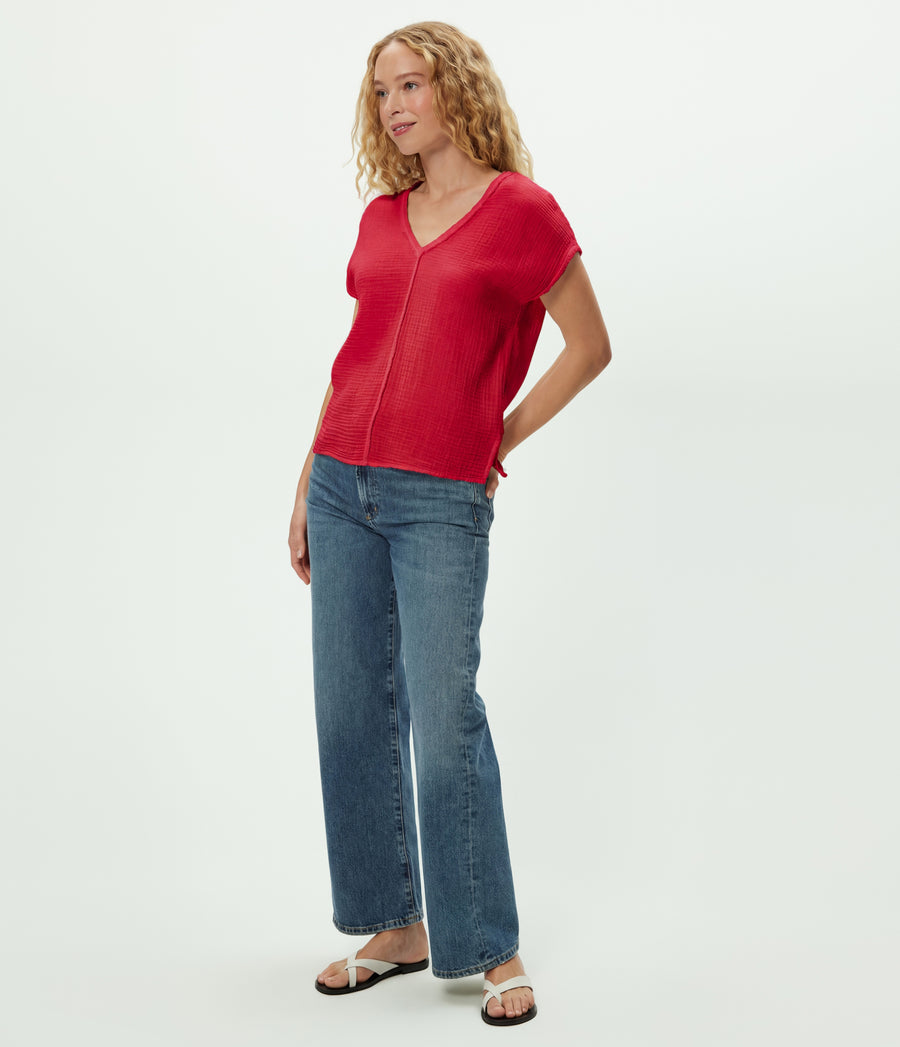 Draya Gauze V-Neck Top in LACQUER RED Side View #LACQUER