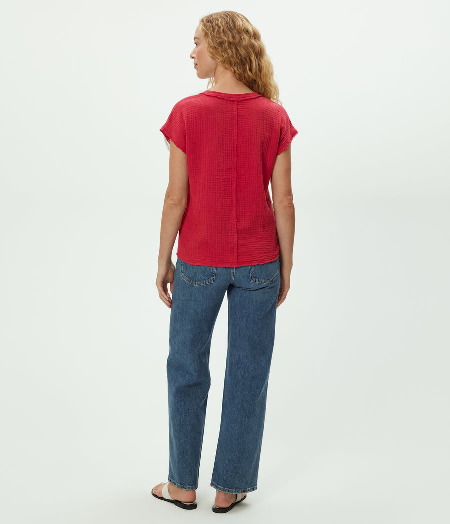 Draya Gauze V-Neck Top in LACQUER RED Back View #LACQUER