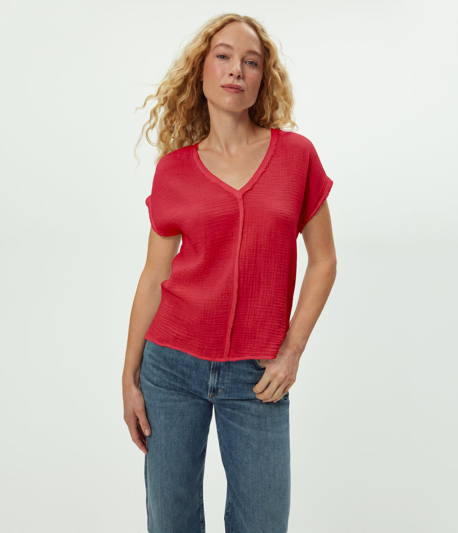 Draya Gauze V-Neck Top in LACQUER RED Close up View #LACQUER