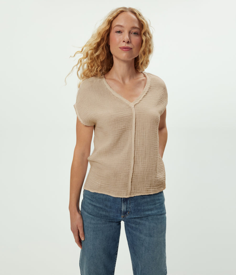 Draya Gauze V-Neck Top in  MACADAMIA Beige Close up View #MACADAMIA