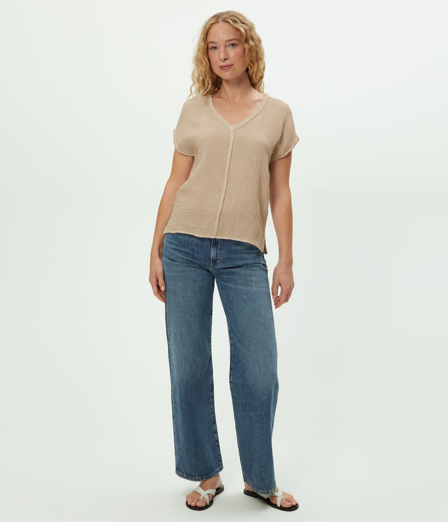 Draya Gauze V-Neck Top in  MACADAMIA Beige Full Body View #MACADAMIA